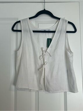 twik Cream Tie-Front Linen-Blend Tank